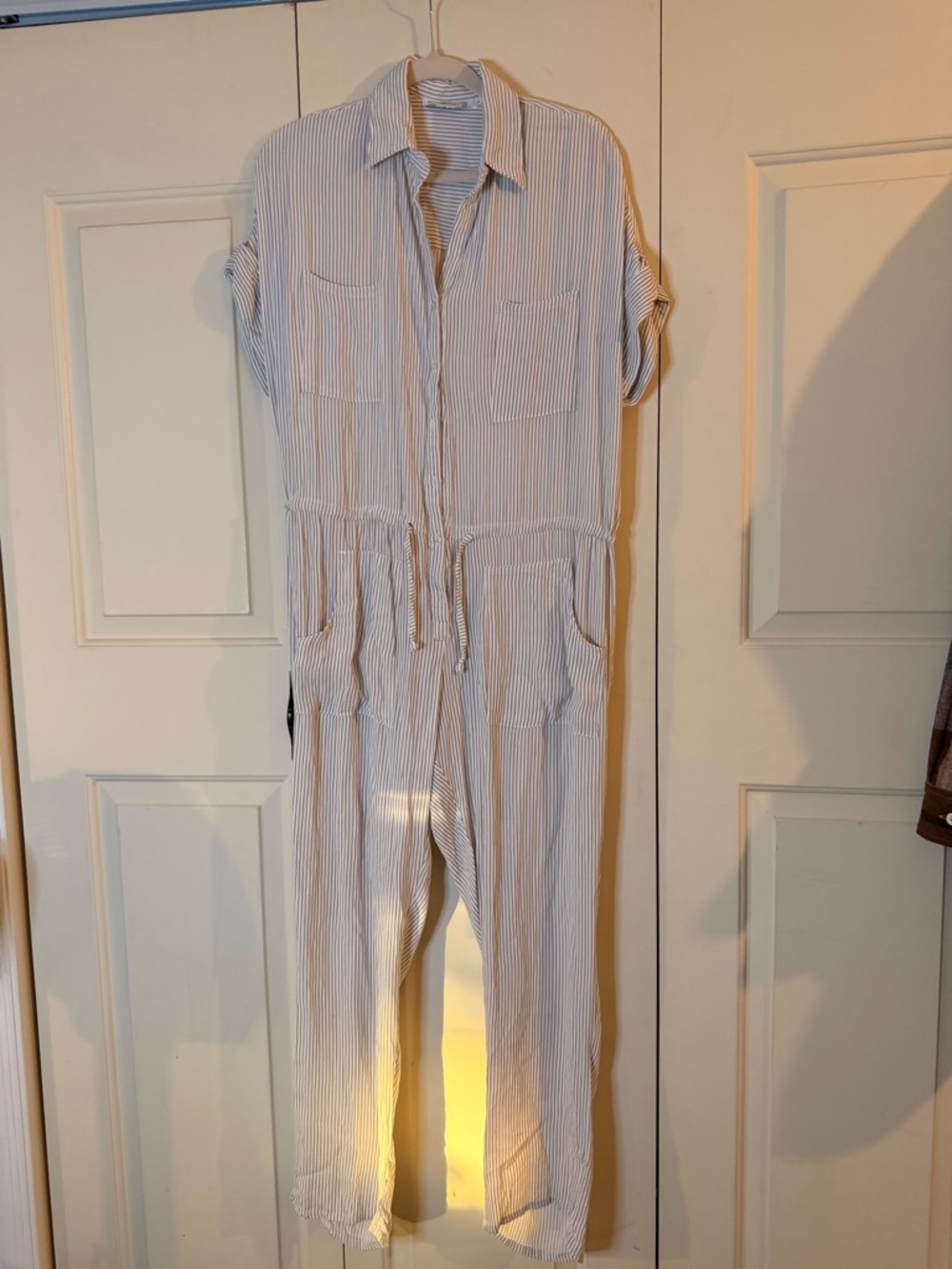 Faithfull the Brand White & Grey  Striped Utility Jumpsuit
